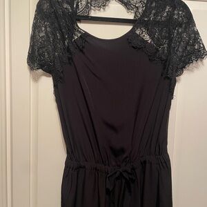 LOFT Black Jumpsuit with Eyelash Lace Sleeves, tie waist & fitted ankles